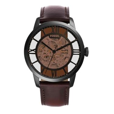 Imagem de Fossil Relógio masculino automático Townsman com movimento mecânico e mostrador esqueleto, Preto/conhaque, 44 mm, Relógio esqueleto