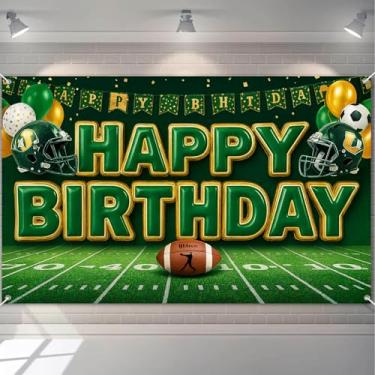 Imagem de HOMETITUTE Faixa de futebol feliz aniversário letras ouro verde capacetes balões campo futebol americano tema feriado evento decoração aniversário festa interior fundo exterior 71x43 polegadas