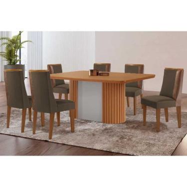 Imagem de Conjunto Sala de Jantar Pilar c/ Tampo Madeirado Canto Curvo 180x90cm e 6 Cadeiras Tilia Madeira Maciça Naturale/Off White - Capuccino/Suede Capuccino