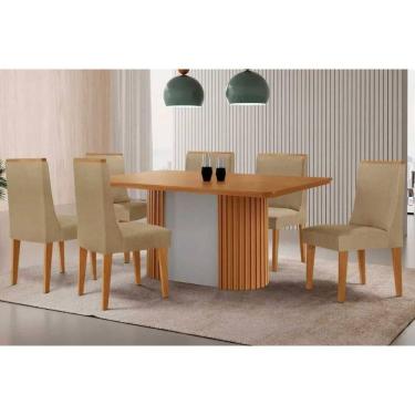 Imagem de Conjunto Sala de Jantar Pilar c/ Tampo Madeirado Canto Curvo 180x90cm e 6 Cadeiras Dakota Madeira Maciça Naturale/Off White - Capuccino/Linho Bege-Ruf