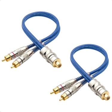 Imagem de 2 Cabos Y Rca 2 Machos 1 Fêmea Prime Plug Metal 5mm Azul Blindado Pontas Banhados A Ouro Químico