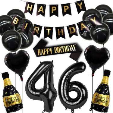 Imagem de Conjunto de decorações de aniversário de 46 anos para mulheres e homens, balão de decoração de aniversário de 46 anos em ouro preto, suprimentos para festa de nascimento de 46 anos, incluindo faixa