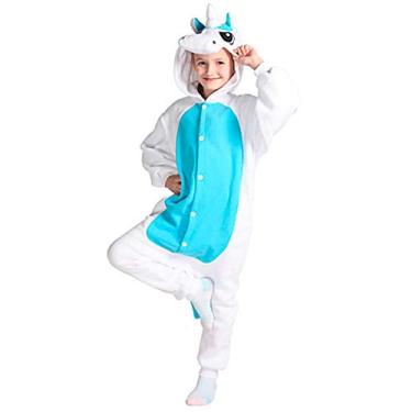 Imagem de Fantasia Pijama Macacão de Unicórnio Kigurumi Infantil Branco e Azul Com Capuz GG 9-10