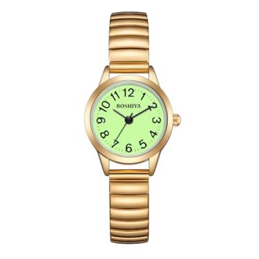 Imagem de BOSHIYA Relógio feminino Quartz Easy Reader 23 mm pulseira de expansão de aço inoxidável para pulso pequeno (ouro/prata), Luz luminosa dourada redonda 56