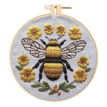 Imagem de Huacan Kits de bordado para adultos iniciantes, 1 peça de kit de costura DIY estampado com padrão de abelha 19 x 19 cm