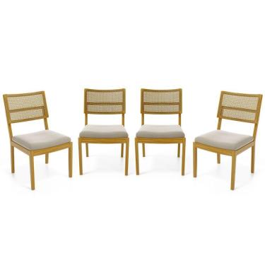 Imagem de Kit Com 4 Cadeiras Milena Madeira Maciça Assentos Estofados Encostos De Tela Palha Sextavada Veludo Bege 102