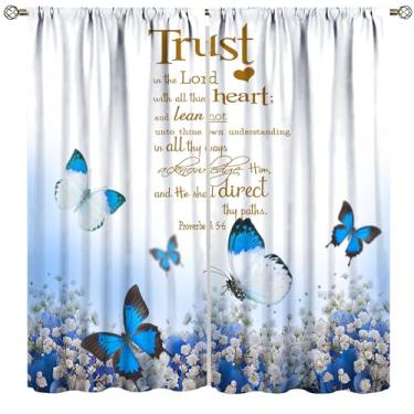 Imagem de Cortinas com citações inspiradoras, borboleta de flor azul, palavras motivacionais, natureza, criativas, modernas cortinas para quarto, sala de estar, tratamento de janela, conjunto de 2 painéis