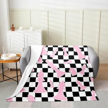 Imagem de Cobertor de cama de xadrez internacional, xadrez geométrico xadrez xadrez cobertor de flanela para decoração de quarto, cobertor de lã de patchwork rosa preto branco de jogos, supermacio, solteiro 152