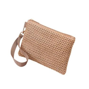 Imagem de Carteiras de pulso pequenas para mulheres, bolsa clutch com zíper com bolsa, bolsa de mão de palha boêmia, Café
