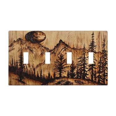 Imagem de DWBGUO Capa decorativa de placa de interruptor com placa de madeira marrom esculpida com design de paisagem de floresta de montanha, placa de parede artística de 4 grupos, capas exclusivas para