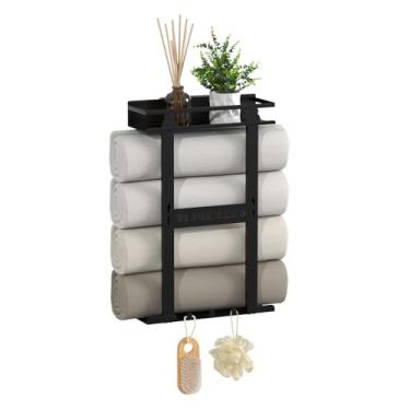 Imagem de DPUTEAD Toalheiro de banheiro, organizador de banheiro de metal montado na parede com prateleira e 3 ganchos, suporte de armazenamento de toalhas para toalhas enroladas, preto