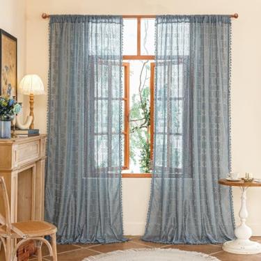 Imagem de YJ YANJUN Cortinas de renda azul - 2 painéis de 244 cm de comprimento, cortinas costeiras antigas para sala de estar, sala de jantar, painéis de crochê Boho Farmhouse, Cortinas para Cuarto, 149,9 cm L