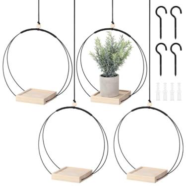Imagem de Cabide para plantas internas de teto, macramê, jardim, varanda, jardim, 4 peças, base de madeira, vasos pequenos com ganchos para suporte