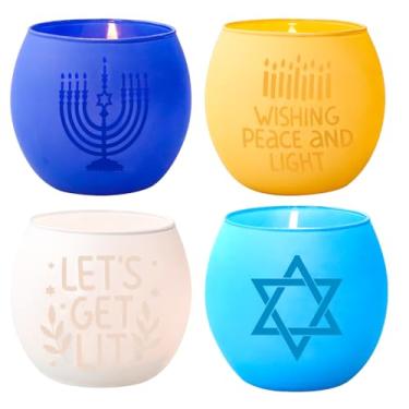 Imagem de Castiçais votivos para decoração de mesa de Hanukkah, 4 peças com menorá, estrela de Davi para decoração de férias judaicas - presentes de Hanukkah azul e branco e decorações internas