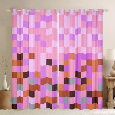 Imagem de Cortina de janela com tema Pixel Grid, Cortinas de blocos de videogame para adultos adolescentes e crianças, treliça xadrez colorida geométrica rosa roxa cortinas de janela de 2 painéis, adequado para