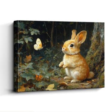 Imagem de Decoração de parede de coelho – Impressão de coelho fofo e borboleta de 38 x 30 cm – Arte animal da floresta, laminado de papel sem moldura para berçário, quarto de crianças – exibição de mesa e