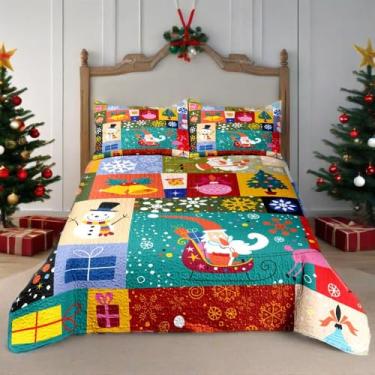 Imagem de Merry Christmas Patchwork Conjunto de colcha verde Queen - Presente de Papai Noel, boneco de neve, conjunto de cama com estampa quadriculada - colcha de edredom leve de microfibra macia (presente