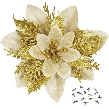 Imagem de 15 peças de poinsétia dourada flores artificiais glitter decorações de flores de natal artificiais com clipes para enfeites de árvore de natal decoração de guirlanda de festa de casamento