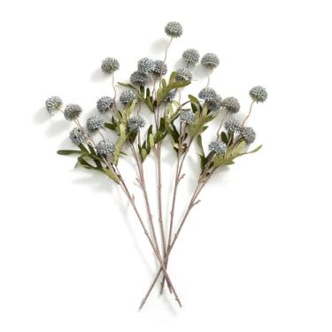 Imagem de 5 peças de flores artificiais para mães de pompom azul empoeirado, mini crisântemo de seda Kiku falso com hastes longas - flores falsas para mães de seda para buquê de bricolage, enchimentos de