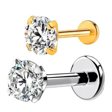 Imagem de KIT 2 Piercings Zirconia Dourado e Prata Titanio Hipoalergenico, não Descasca, Orelha, Nariz, Boca - Uso Diario não Oxida (1,2x3x8)