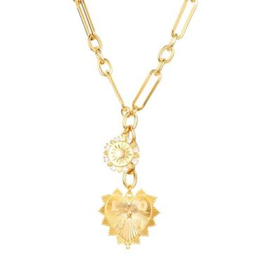 Imagem de Colar de coração grosso de ouro 18K para mulheres, design com vários pingentes com detalhes de sol e zircão, corrente ajustável de 38 + 7 cm