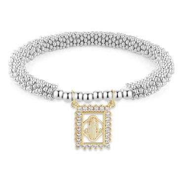 Imagem de HZMAN Pulseira feminina com contas de metal Virgem Maria/Jesus/São Bento, Adjustable Elasticity, Zircônia cúbica