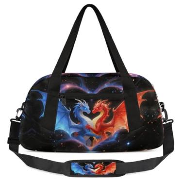 Imagem de Bolsa de viagem de academia para meninos – Bolsa infantil de fim de semana com bolso frontal com zíper para prática escolar, bolsas de mão para adolescentes, Dragão vermelho e azul, Desenho animado