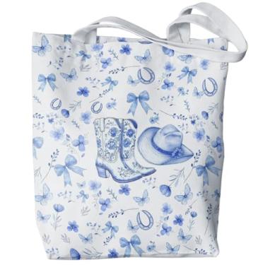 Imagem de PaJiaNi Sacola de bota Western Cowgirl, sacola floral azul e branca para presentes femininos, sacolas de compras de supermercado reutilizáveis ocidentais, 40 x 34 cm