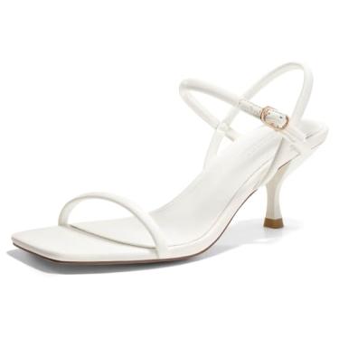 Imagem de Coutgo Sandálias femininas de salto gatinho com tiras abertas, bico quadrado, fivela e tira no tornozelo, sapatos sociais de verão, Branco, 40
