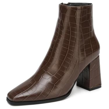 Imagem de NEWBELLA Botas femininas de bico fino no tornozelo – Botas de meia de salto grosso, botas de malha elástica slim fit para moda outono e inverno, Couro marrom., 38