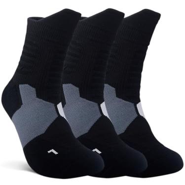 Imagem de Meias esportivas de compressão atléticas de basquete Elite de proteção grossa, 3 pares pretos, 6-13
