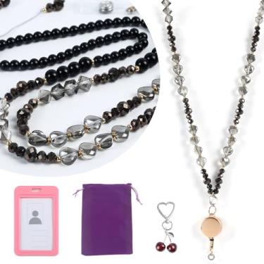 Imagem de indiedouker Cordão retrátil para professor com suporte de identidade, cordões bonitos de contas de cristal para crachás de identificação com chaveiro de cereja e bolsa organizadora de veludo, presente