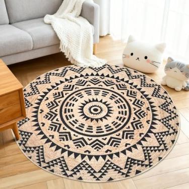 Imagem de Lacomfy Tapete moderno, redondo, boêmio, para quarto, círculo, fazenda, sala de estar, antiderrapante, estampa de juta, tapete para sala de jantar, pequeno, abstrato, lavável, para decoração de casa