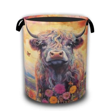 Imagem de Cesta de roupa suja de vaca Highland, cesto de roupa suja com pintura a óleo, bolsa de pano Oxford impermeável, dobrável, balde de armazenamento de roupas, organizador de brinquedos decorativos para
