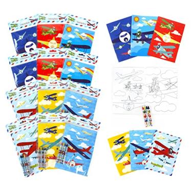 Imagem de TINYMILLS Conjunto de livros de colorir de avião com giz de cera – pacote com 12 livros de viagem e atividades de aviação para crianças (12 livros de colorir e 48 giz de cera) lembrancinhas de festa