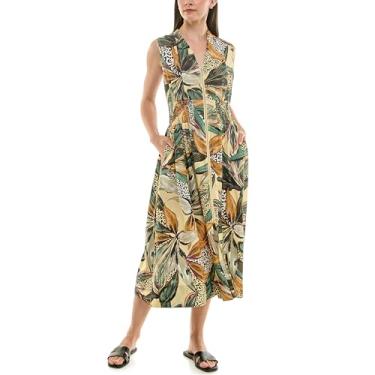Imagem de Nicole Miller Vestido feminino midi estampado com zíper frontal e cintura franzida, Estampa Butter Tropic, P