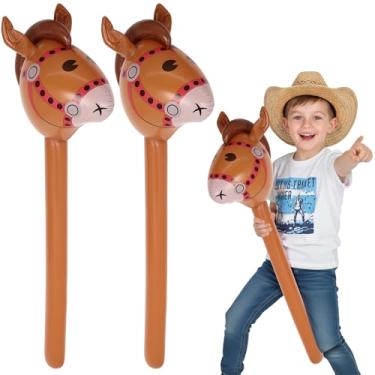 Imagem de 2 balões infláveis de cabeça de cavalo, balões infláveis marrons de 94 cm, balão inflável de bastão de pônei para cowboy ocidental, chá de bebê, decorações de festa de aniversário (marrom - 2 peças)