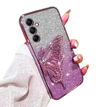 Imagem de Capa borboleta 3D para Samsung Galaxy M14 capa fofa luxuosa com glitter borboleta fluindo líquido capa de telefone de silicone macio TPU galvanizado à prova de choque compatível com Galaxy M14 (D)