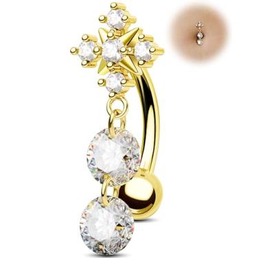 Imagem de Jewseen Anel de umbigo com pingente de flor, piercing de umbigo de ouro 14G reverso para mulheres, aço cirúrgico, piercing de umbigo flutuante, hipoalergênico