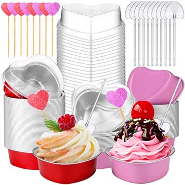Imagem de Conjunto de 300 peças de formas de bolo de coração dos namorados inclui 100 mini formas de bolo de alumínio 100 colheres de plástico 100 corações para cupcake de papel alumínio descartável para festa de casamento dos namorados (vermelho, rosa, 100 ml)
