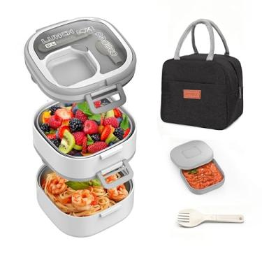 Imagem de PEDECO Caixa Bento empilhável de aço inoxidável, à prova de vazamento, caixa Bento de 2 camadas, lancheira com portátil e talheres - para crianças/crianças pequenas pode ser lavada na lava-louças