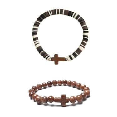 Imagem de XAM 2 peças de pulseiras coloridas feitas à mão com contas de pedra de argila para homens e mulheres, pulseira inspiradora de fé para cristãs, Páscoa, Ação de Graças, Natal, aniversário, joias, Middle