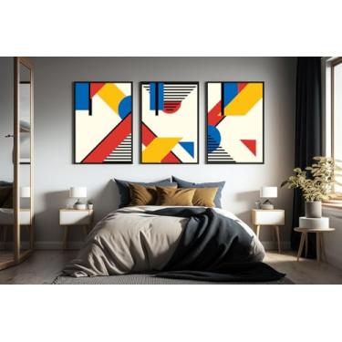 Imagem de Kit 3 Quadros Abstrato Geométrico Tringulo Em Listra Decoração Casa Sala e Quarto (32x23cm, Preta)
