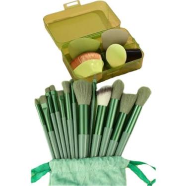 Imagem de Kit 13 Pinceis de Maquiagem + Pincel + Estojo de Esponjas (Verde)