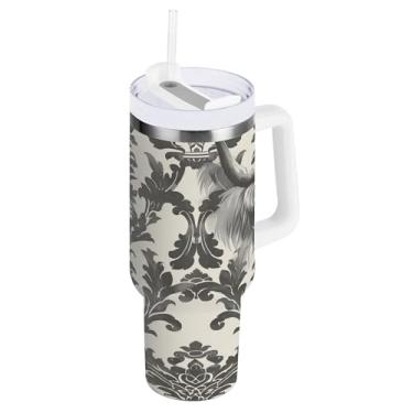 Imagem de xigua Copo Highland Cow de 850 g com tampa e canudo, aço inoxidável de vácuo duplo isolado garrafa de água esportiva suporte para copo de café de viagem à prova de vazamento para bebida gelada