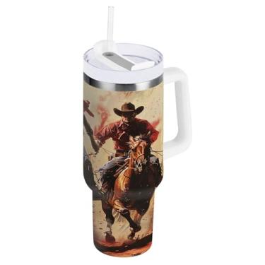 Imagem de xigua Copo vintage Western Cowboy de 1,134 g com tampa e canudo, aço inoxidável de vácuo duplo isolado garrafa de água esportiva suporte para copo de café de viagem à prova de vazamento para bebida
