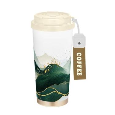 Imagem de SEHANY Caneca de viagem com paisagem de montanha em aquarela de 482 g, copos de café reutilizáveis revestidos de cerâmica com tampa à prova de vazamento, parede dupla, isolamento a vácuo, copo de café