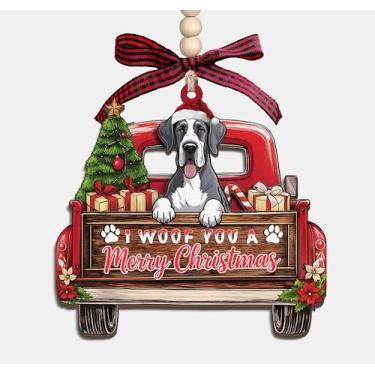 Imagem de Enfeite de madeira "I Woof You A Merry Christmas" – Caminhão de Natal com cão Dogue Alemão 3 Camadas Ornamento de Lembrança de Madeira Presentes para Mulheres Homens Amantes de Animais de Estimação e