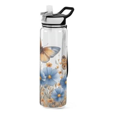 Imagem de ATTX Garrafa de água Blue Wildflowers, 946 ml, à prova de vazamento e livre de BPA, garrafas de água reutilizáveis de plástico Tritan para viagens, academia, corrida, fitness #361