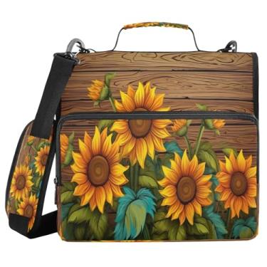 Imagem de ATTX Girassóis em tábua de madeira fichário com zíper com alça acolchoada ajustável – bolsa para fichário com capacidade para 500 folhas com organizador de vários bolsos, serve para laptop de 30 cm